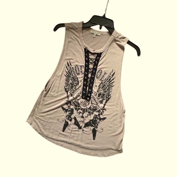 Charlotte Russe Tops - Charlotte Russe Tan & Black Rock N Roll Graphic Lace Up Muscle Tank Top Size XS
